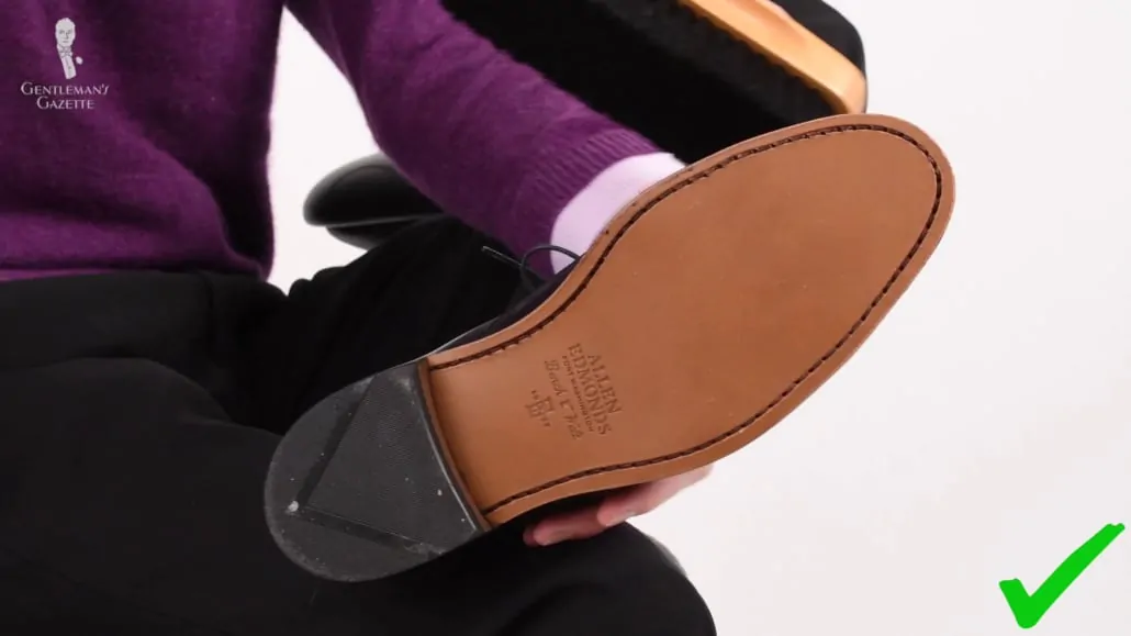 The all-leather sole of an Allen Edmonds Park Avenue dress shoe