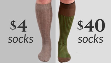Cover showing side-by-side photos of a $4 oat-colored sock and a $40 Mid Brown and Green Shadow Stripe Ribbed sock from Fort Belvedere