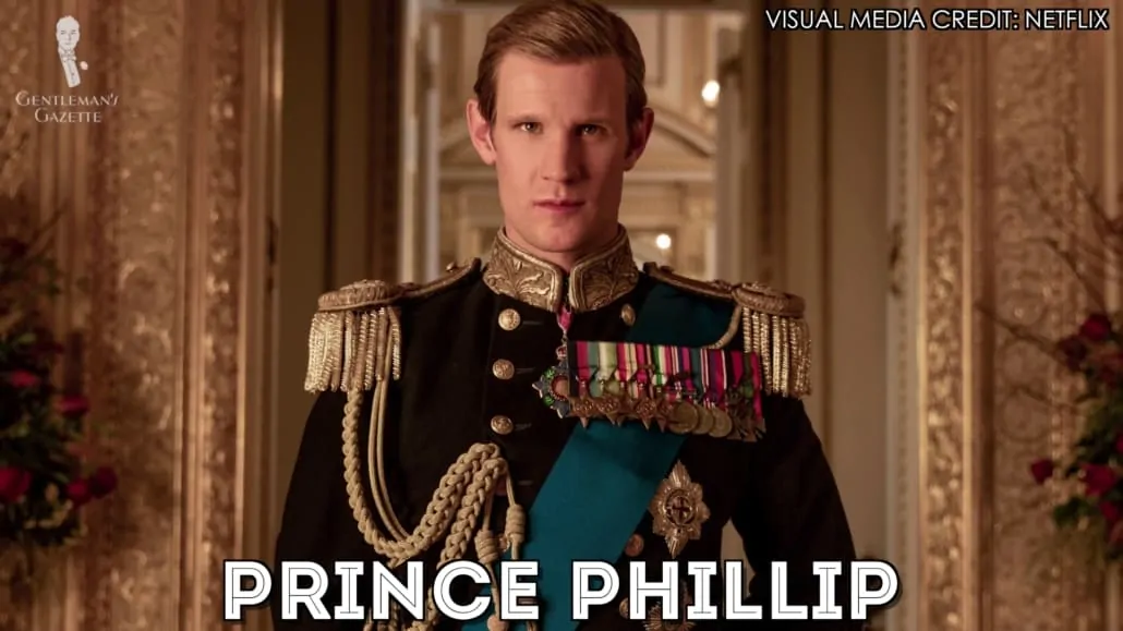 Prince Phillip in The Crown, wearing a Royal attire