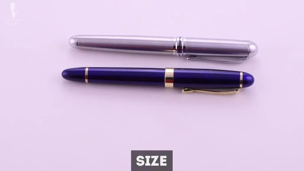 Choose the fountain pen size according to what best suits your hand. Two fountain pens shown