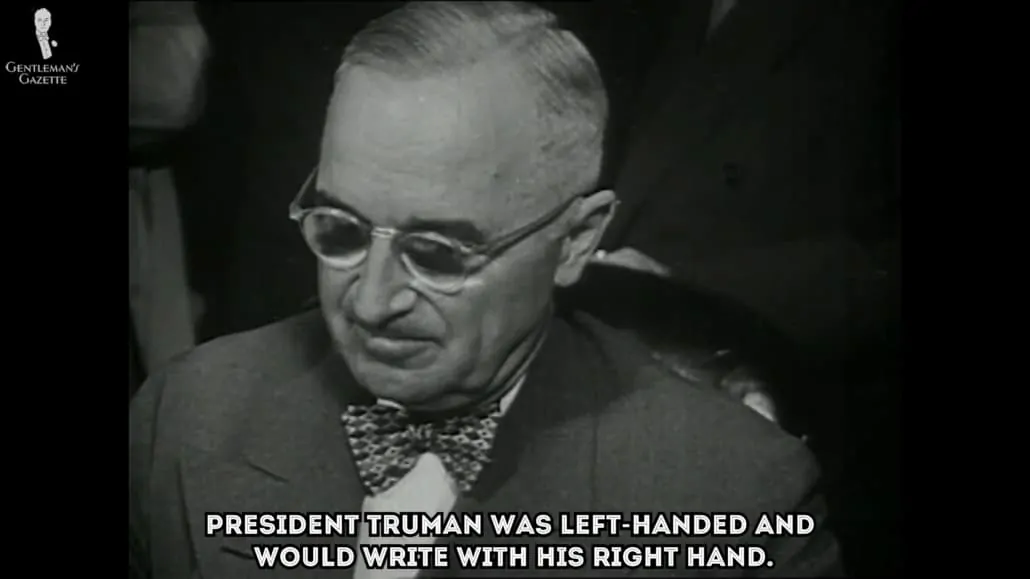 President Truman with bow tie, he was left handed but wrote with his right hand