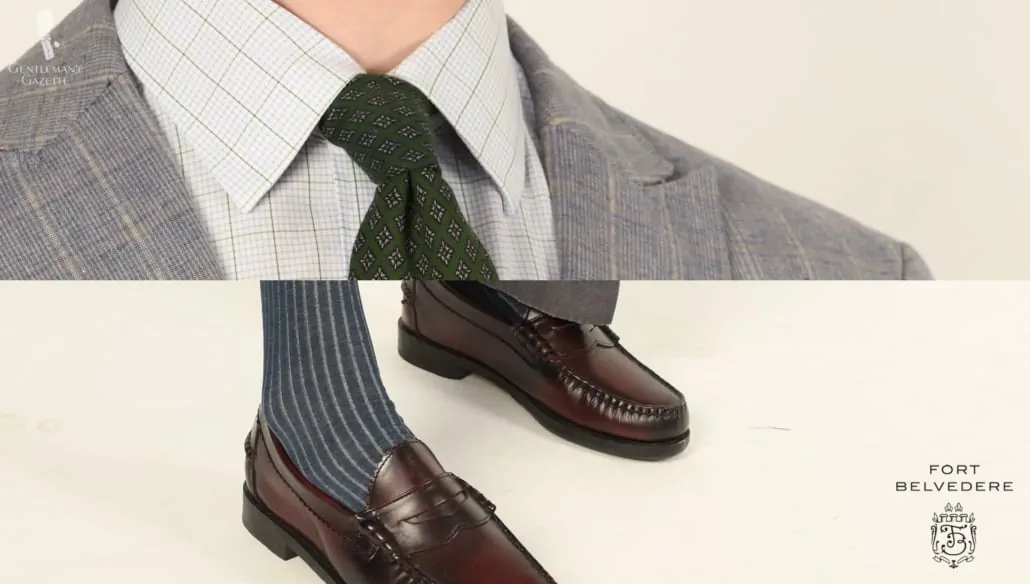 Shadow Stripe Ribbed Socks Charcoal and Light Gray Fort Belvedere socks matched with Raphael's suit for a unified appearance