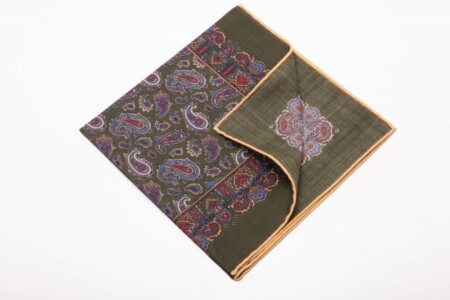 Olive Green Silk Wool Pocket Square with Paisley in Beige, Blue, Red and Orange and beige shoestring edge