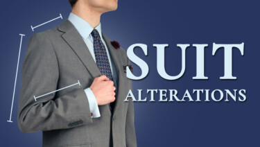 Meaurement lines indicating various places where an ill-fitting gray suit could be tailored; text reads, "Suit Alterations"