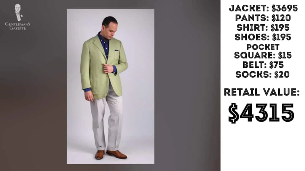 This outfit originally retails for $4315 but Raphael got it for $255.32 --$3o5.32 if we account for the $50 spent on alterations