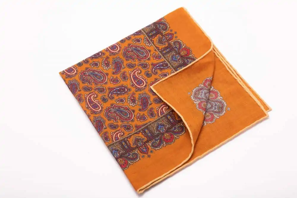 Antique Gold Yellow Silk Wool Pocket Square with Paisley in Beige, Blue, Red, and Orange and beige shoestring edge