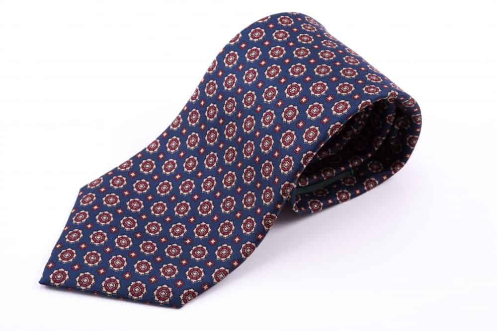 Madder Print Silk Tie in Blue with Red and Buff Pattern Fort Belvedere