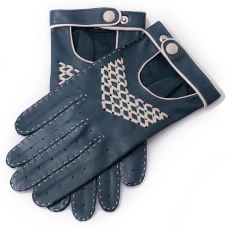Petrol Blue and Off-White Driving Gloves in Lamb Nappa Leather