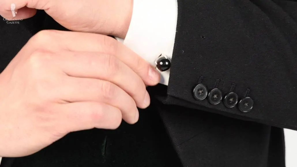 Raphael wearing the Eagle Claw Cufflinks with Onyx Ball from Fort Belvedere with his suit jacket.