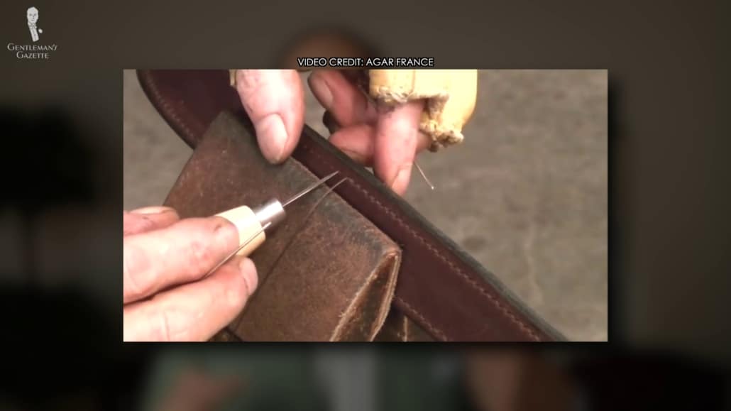 Traditionally, a hand-made belt would be welted by a saddle stitch which is the exact same stitch that you use when you sew on.
