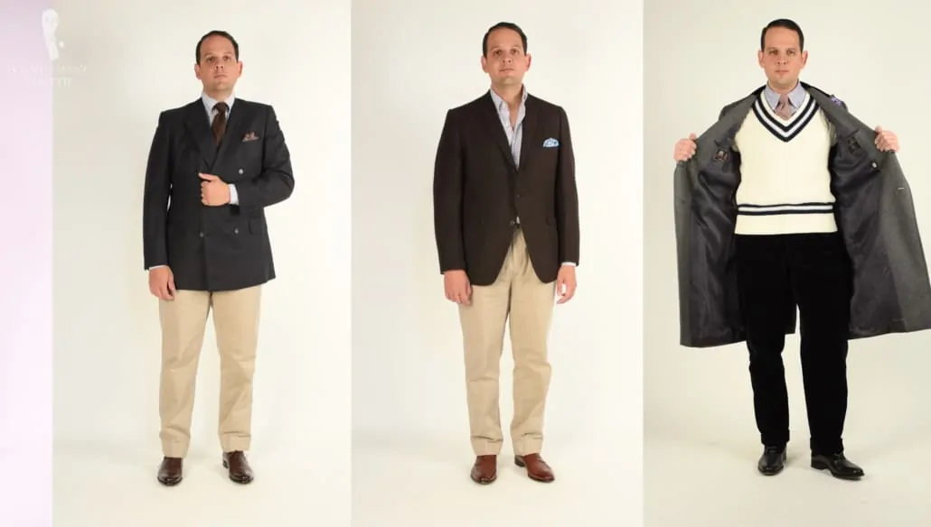 Raphael in a variety of outfits suitable for business casual (with one also showcasing outerwear).