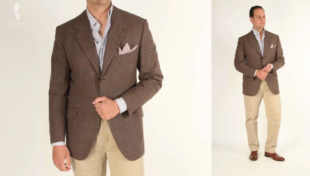 While featuring the same shirt and trousers, this look features a more casual patterned jacket. (Pictured: Burgundy Red Handcrafted Linen Pocket Square  from Fort Belvedere)