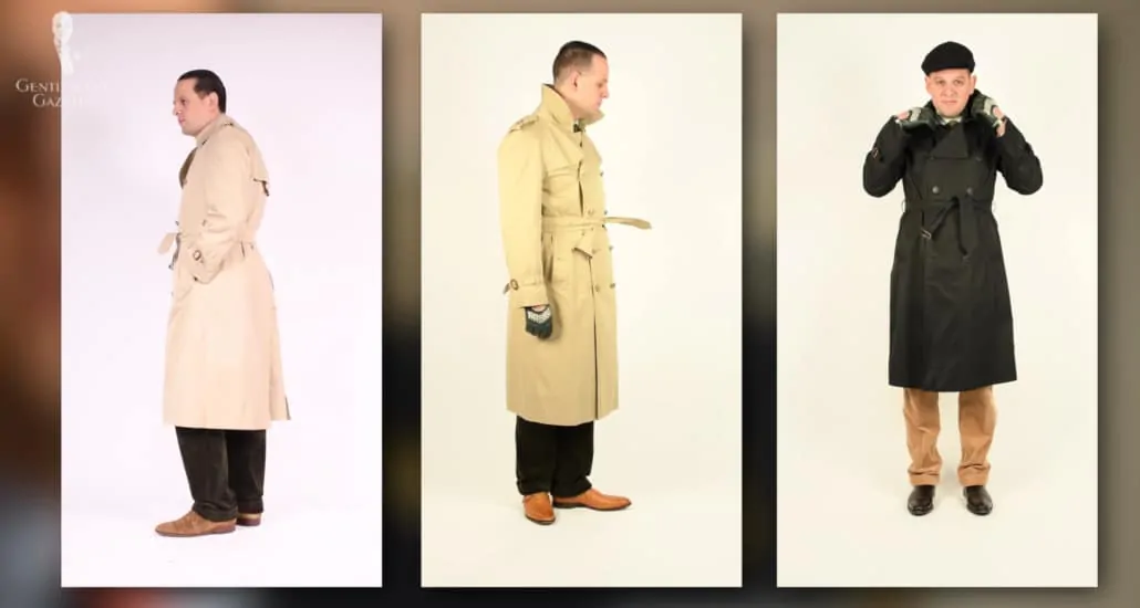 A selection of trench coats in different colors.