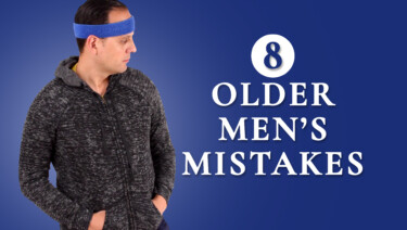 Raphael in a yellow t-shirt, gray hoodie, sweatpants, and a blue headband; text reads, "8 Older Men's mistakes"