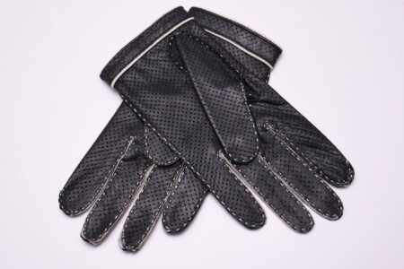 Black and Off-White Driving Touchscreen Gloves in Perforated Lamb Nappa Leather