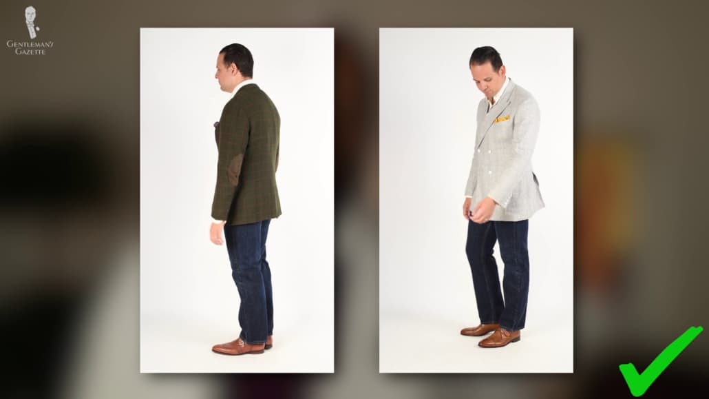 Look dapper with a combination of a well-fitted sports coat, neutral shirt, a pair of denim jeans, and a pair of dress shoes. 