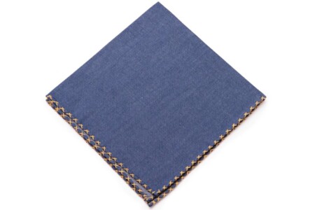 Soft-washed Dark Denim Jeans Blue Pocket Square with sunflower yellow handrolled X-stitch edges