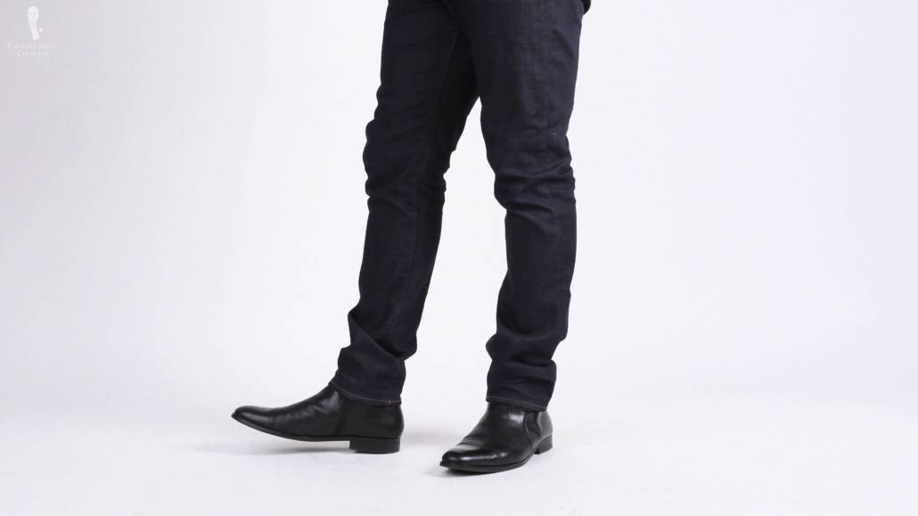 jeans and black dress shoes