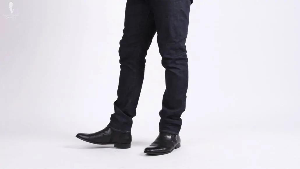 Pick a nice pair of dark washed denim jeans to go well with your dress shoes.