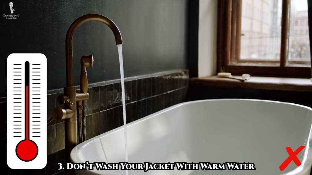 Washing your waxed cotton in warm water will remove its protective coating.