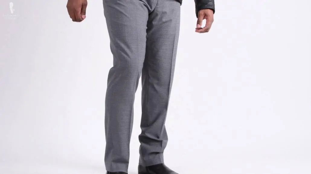 neutral dress pants with small check patterns
