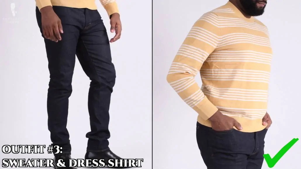 Avoid sweaters that are too bulky for a clean, casual look. 