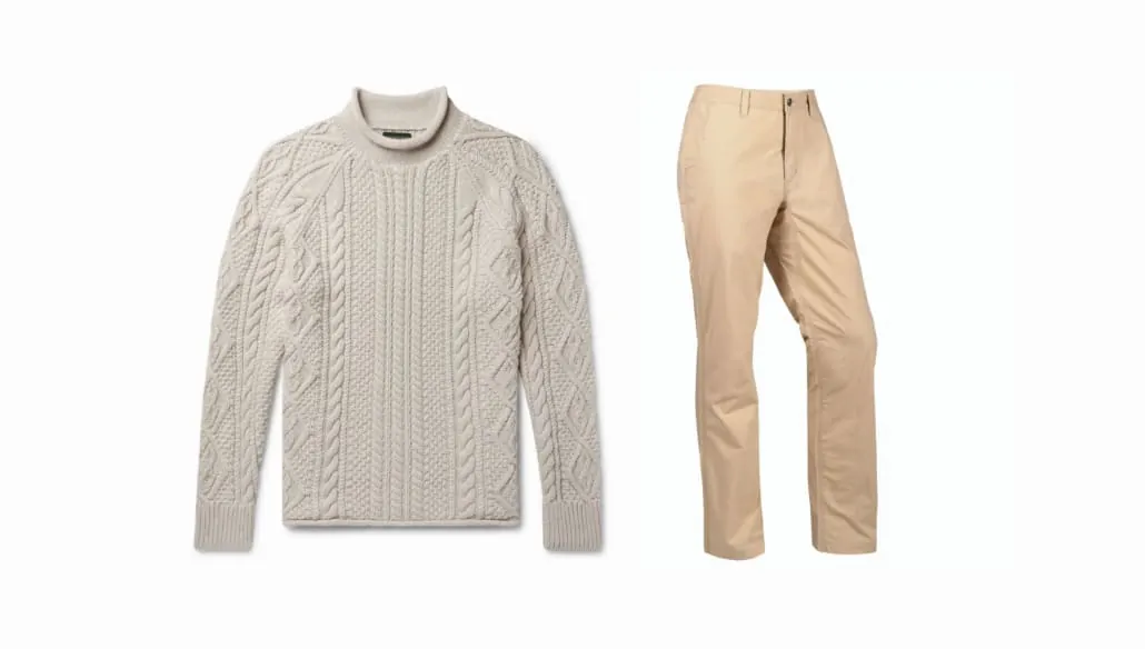 A cozy off-white cable knit sweater paired with beige pants for warmth and comfort look.