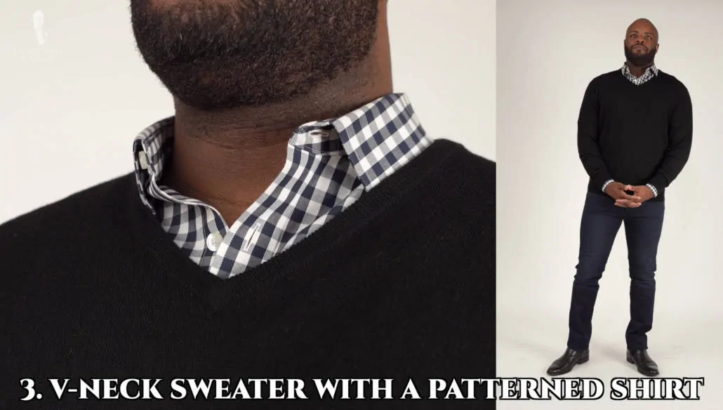 Classic black v-neck sweater combined with a black and white check shirt.