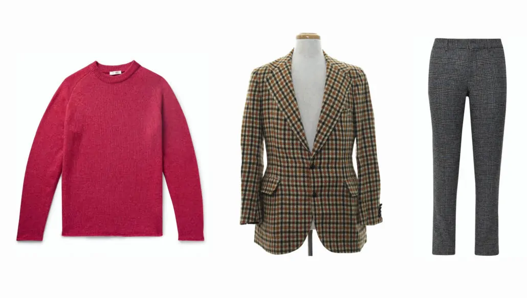 A bright red sweater, a sports coat with bold checks, and a pair of trousers with minimal checks
