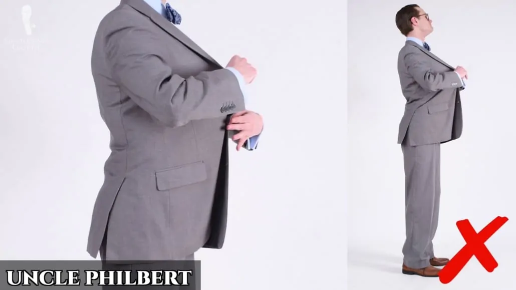 Preston as "Uncle Philbert" in a suit that's much too big.