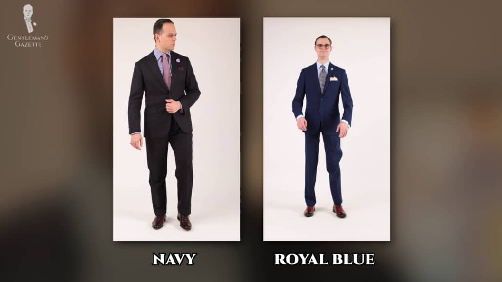 Navy And Royal Blue Raphael wearing a navy suit and Preston wearing a royal blue suit.