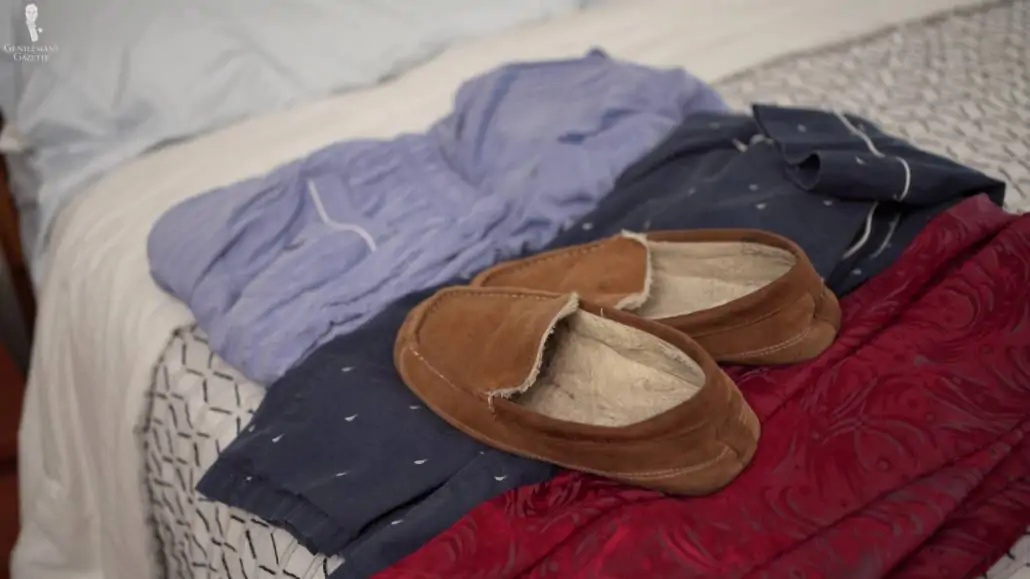 Sleepwear options - pajama set, robes, moccasin slippers.