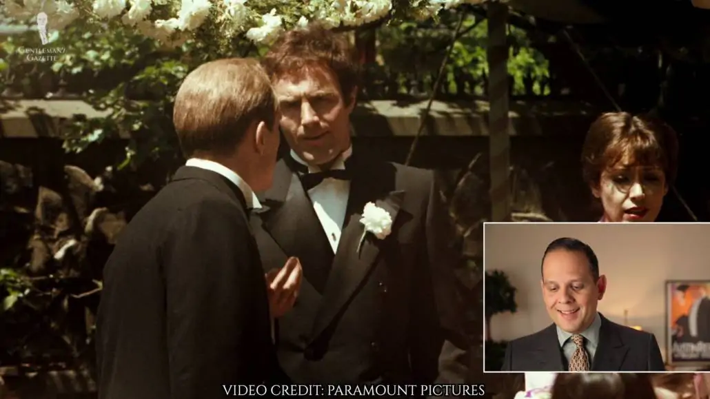 Sonny Corleone can be seen wearing a double breasted suit with peak lapels in this scene.
