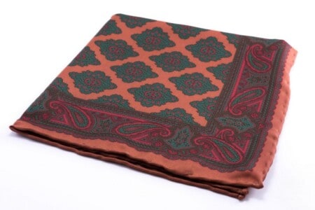 Dark Bronze Madder Silk Pocket Square with Diamond Motif and Paisley Fort Belvedere Made in England on white background