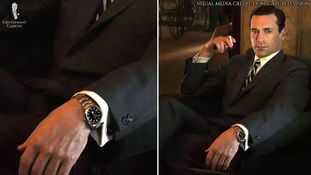 Draper wearing a Sapphire Crystal Rolex Explorer 1. He is also wearing a black 2 piece suit and a striped tie.