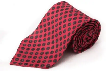 Madder Silk Tie in Orange Red with Green Macclesfield Neats by Fort Belvedere on white background