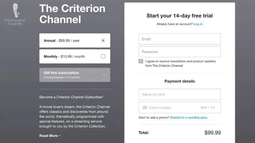 The Criterion Channel web interface