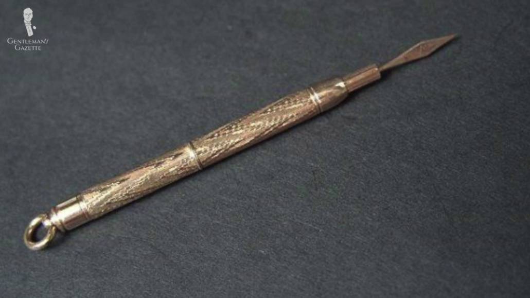 An old bejeweled toothpick that was carried as a jewelry and was often used after meals in the early days.