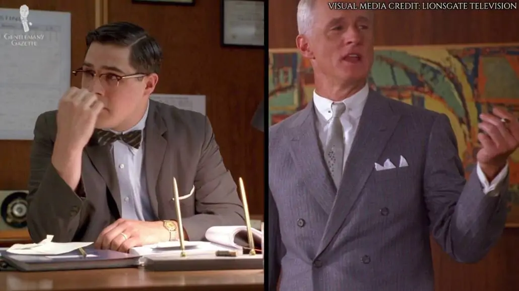 Both Roger Sterling and Harry Crane can be seen wearing jackets without working sleeve cuffs. 