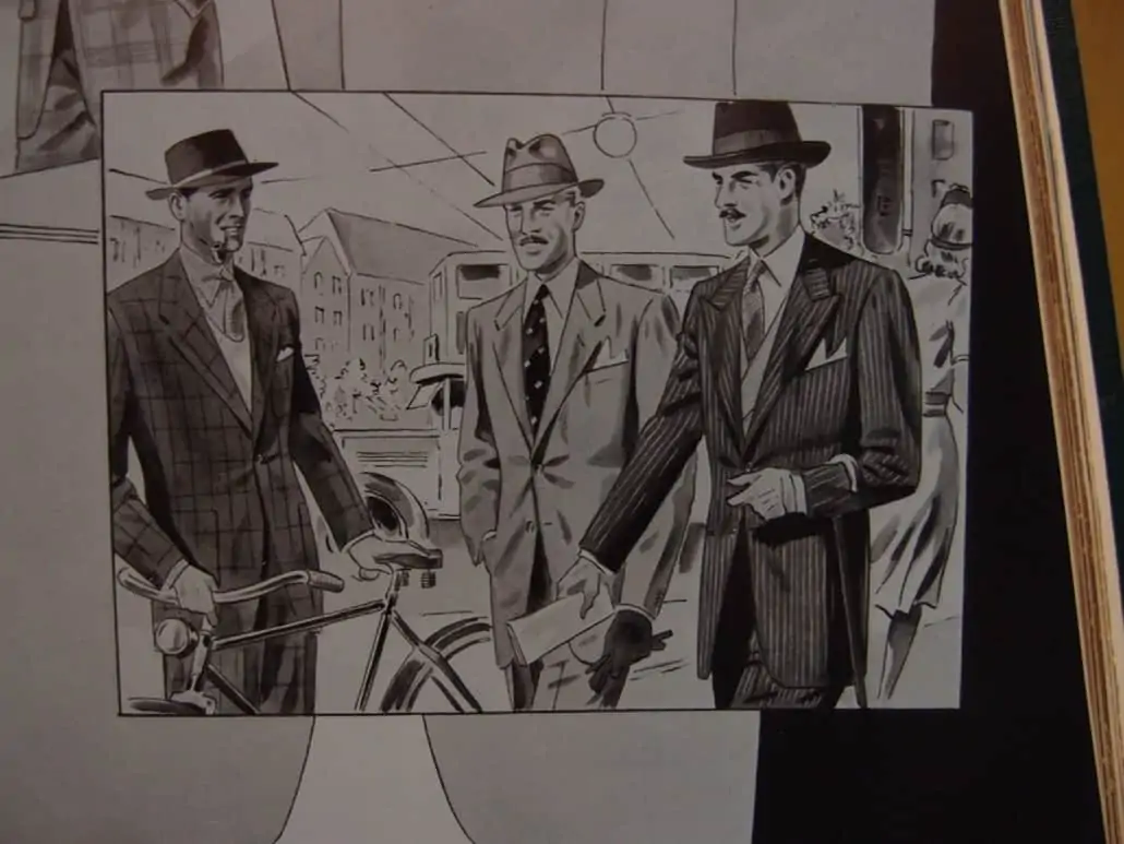 An illustration of gentlemen wearing suits in the 1940s