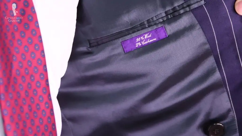 A suit jacket's tag showing the fabrics