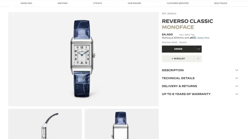 Jaeger-LeCoultre website featuring a Reverso Classic Monoface watch with blue straps 