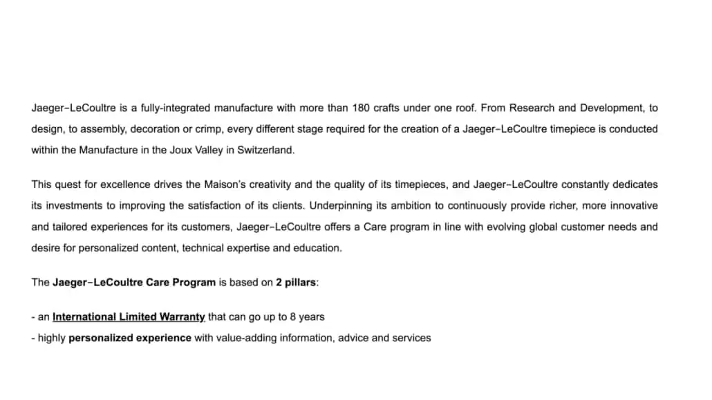 A section of the JLC website stating where the Reverso Watches are made. 
