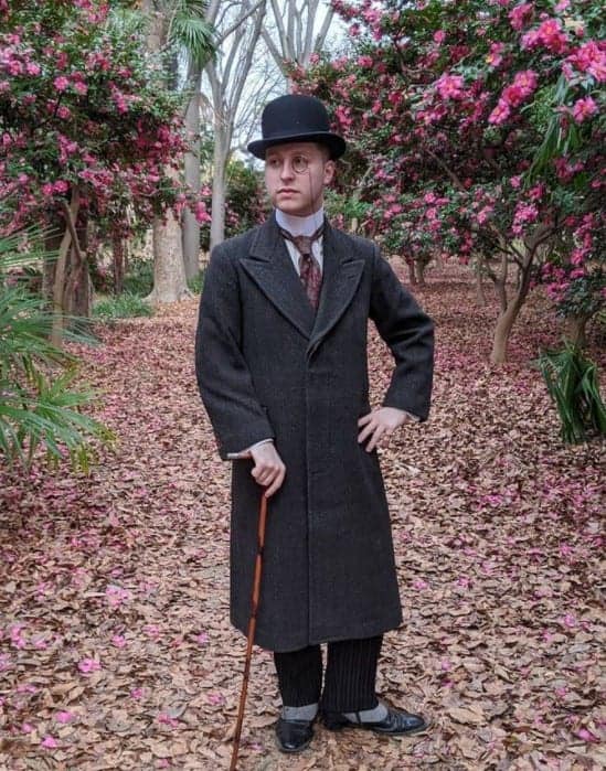 Aaron White from Antique Menswear in an Edwardian outfit.