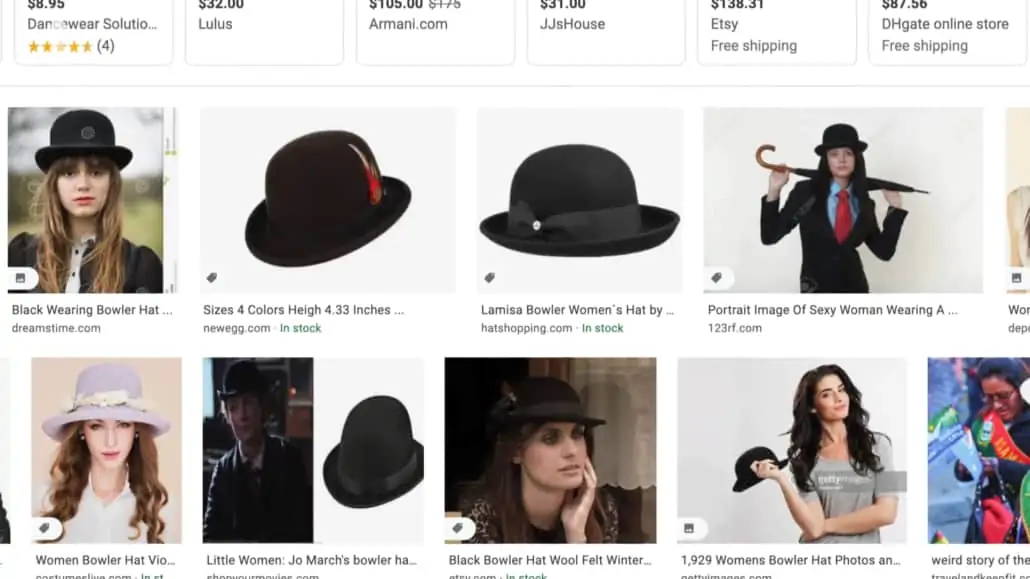 Google search results showing women's bowlers hats. 