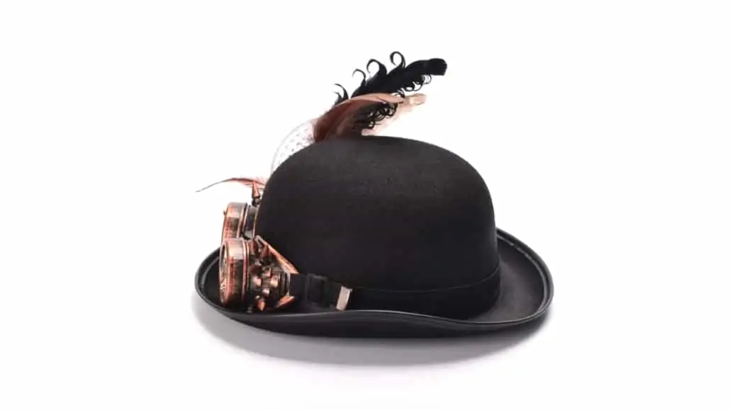 A costumey bowler hat with feathers and additional details.