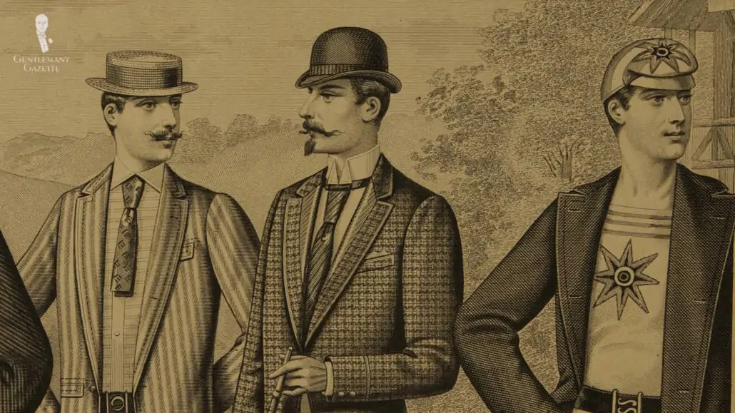 An illustration of gentlemen wearing different hats at a sport event. 