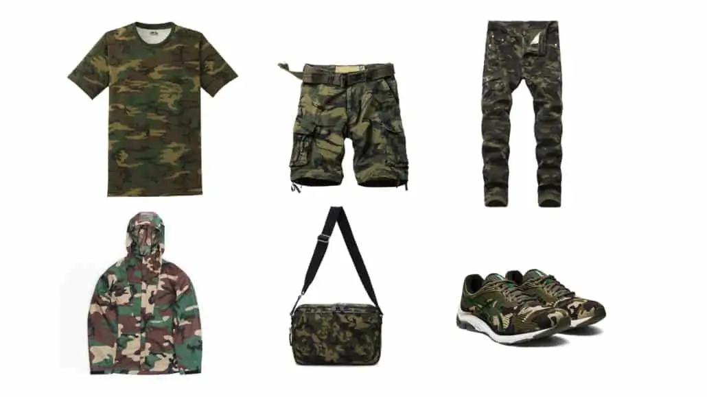 Different camo items: shirt, cargo shorts, pants, hoodies, bag, sneakers.
