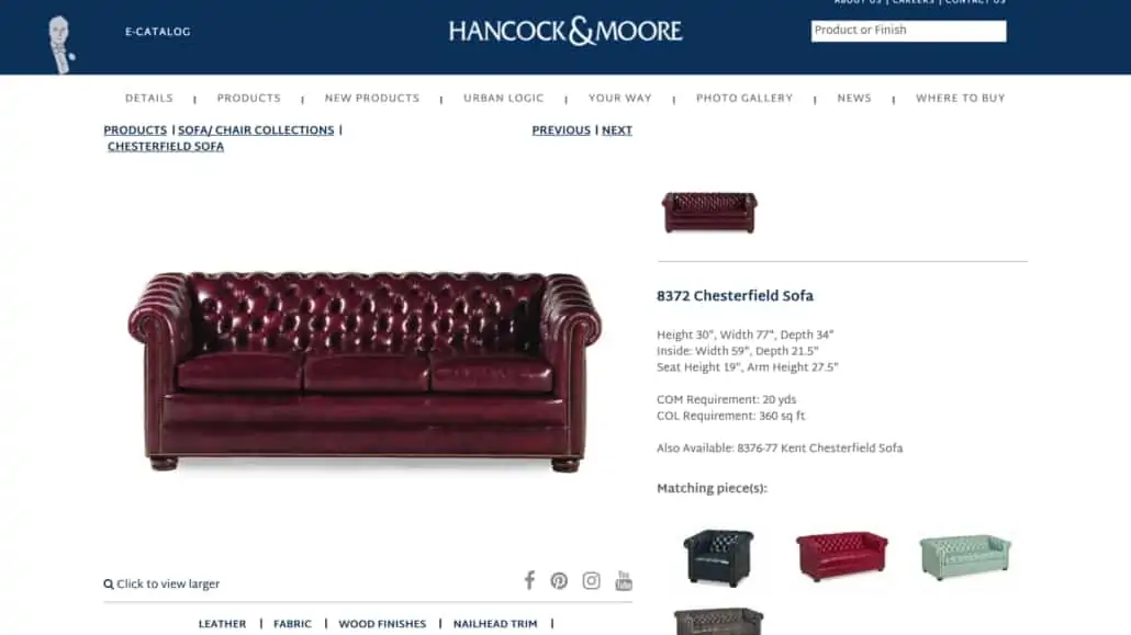 Hancock & Moore Chesterfield sofa website listing; They're expensive products, but you'll get your money's worth!