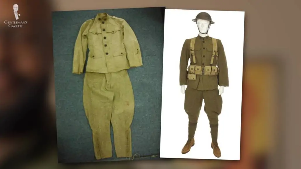 Khaki and olive war uniforms worn by soldiers during WWI